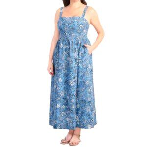 NWOT Dalia Women's Long Linen Blend Dress sz XL Blue Floral Pockets